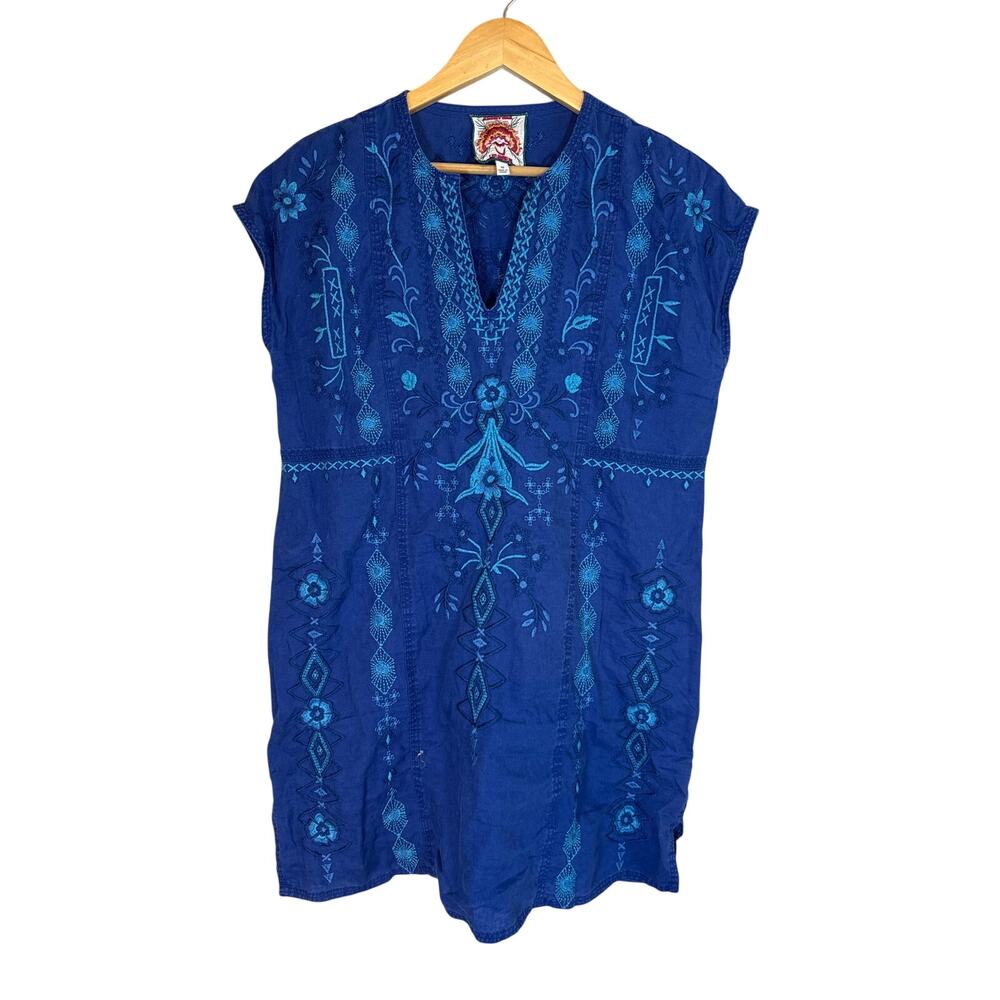Johnny Was Taria Linen V-Neck Tunic Dress Women XS Bright Blue Embroidered Boho